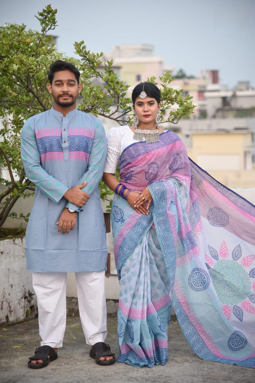সুতি শাড়ী ও স্লাব কটন পাঞ্জাবিকাপল সেট